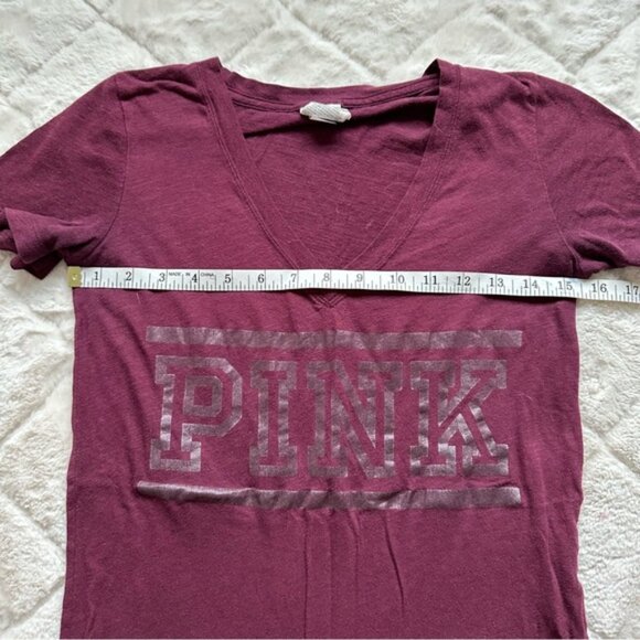 Victoria's Secret PINK | Maroon Logo Short Sleeve V-Neck Tee Shirt | Size Small - Picture 7 of 8